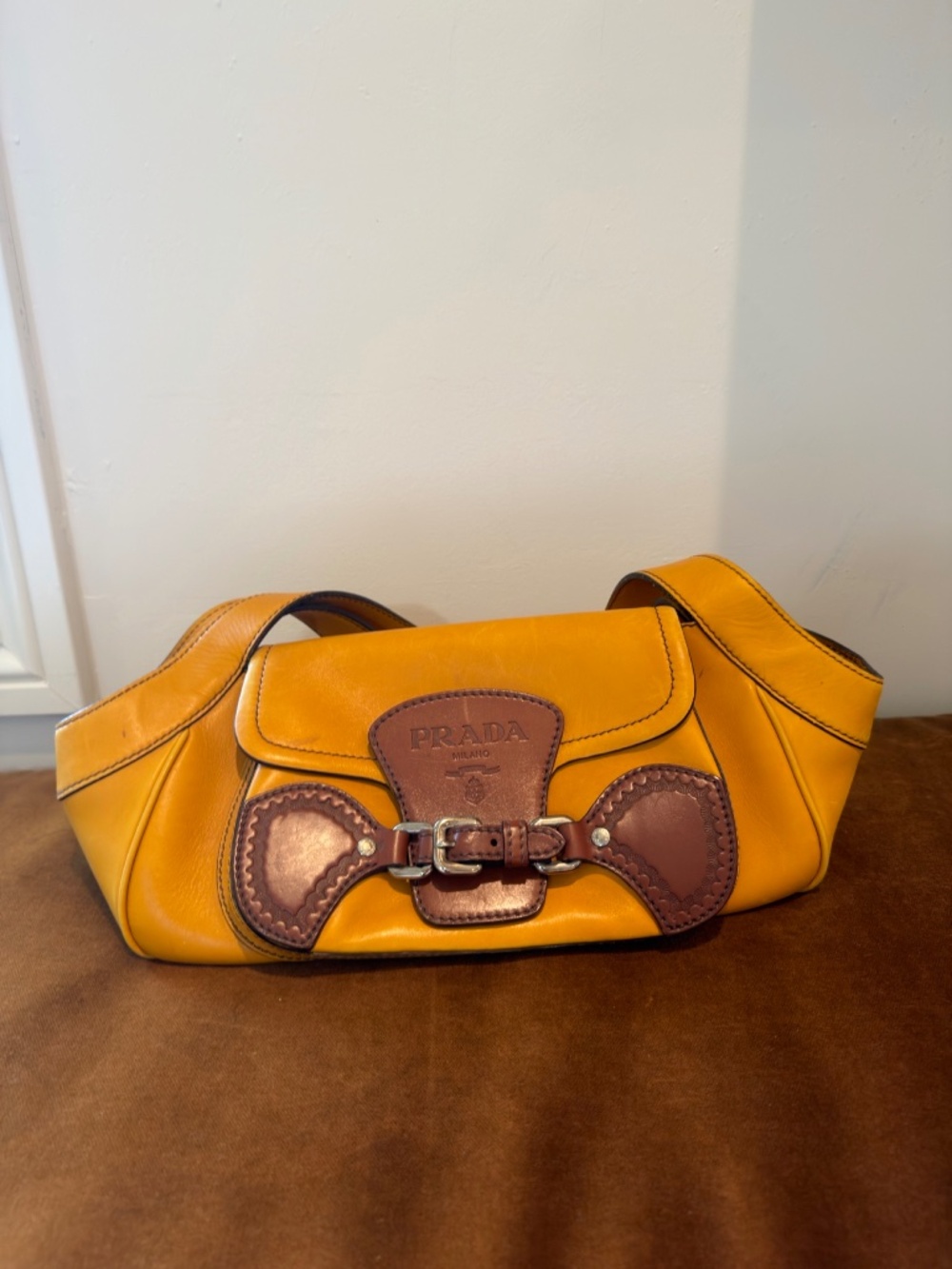 Prada Vintage Bow Ring Buckle Leather Handbag Yellow Brown